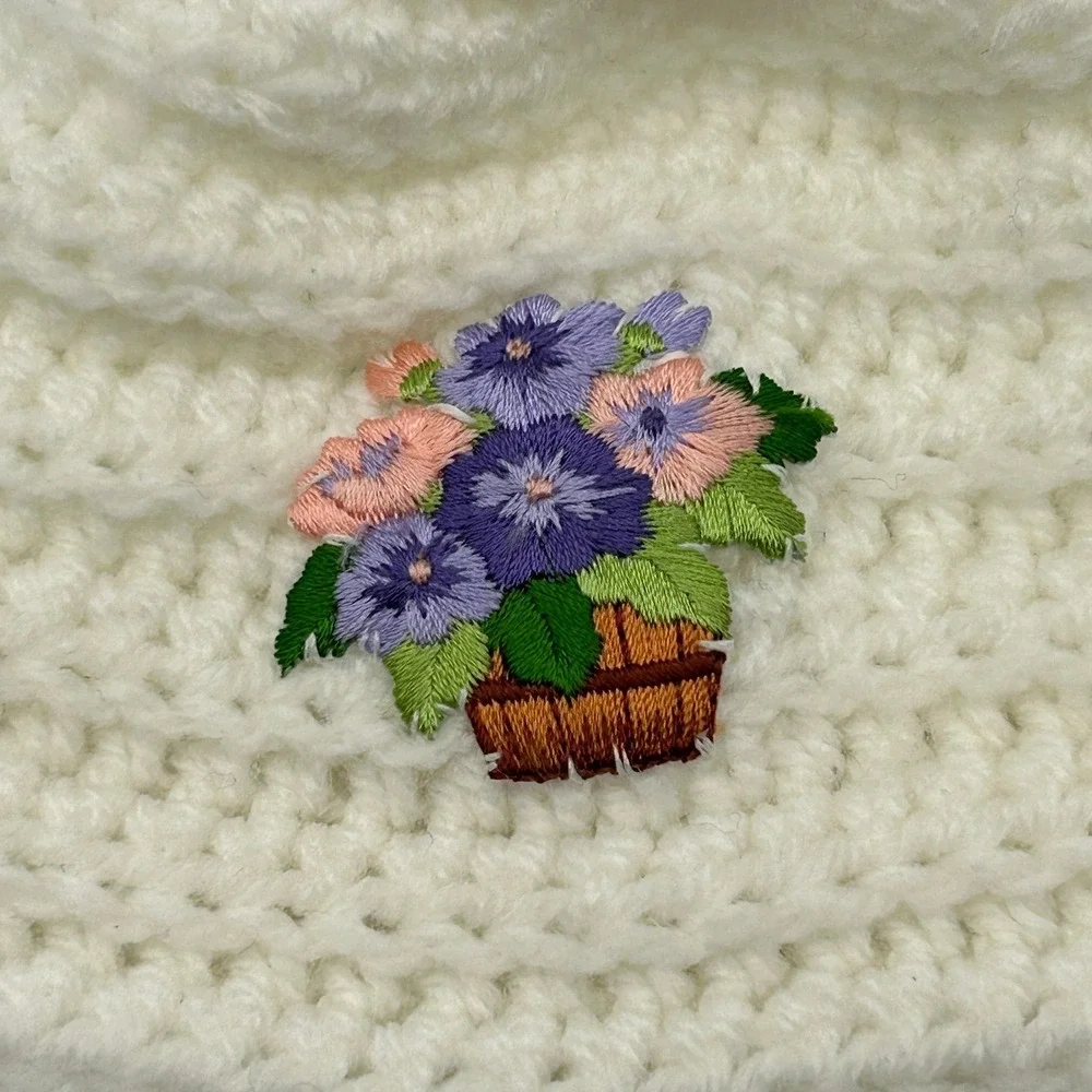 Handmade Ivory Crochet Newborn Baby Girl Winter Beanie Embroidered Flower Basket